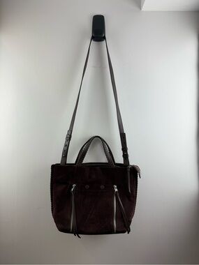 AllSaints Fleur De Lis East West Small Suede Tote Bag Chocolate Brown Burgundy